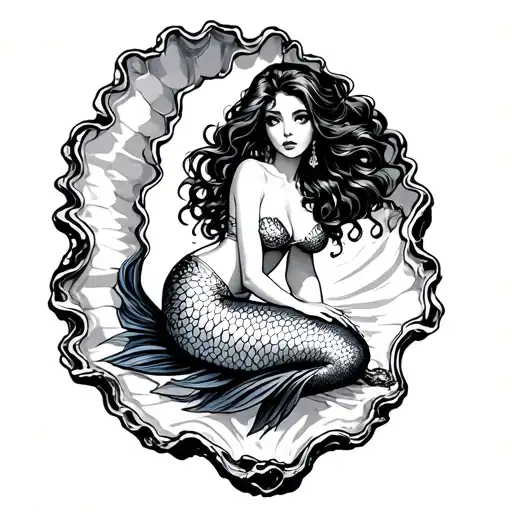 pinup-style mermaid sitting in an open oyster shell tattoo design idea