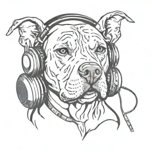 cartoon pit bull wearing headphones and listening tattoo design idea
