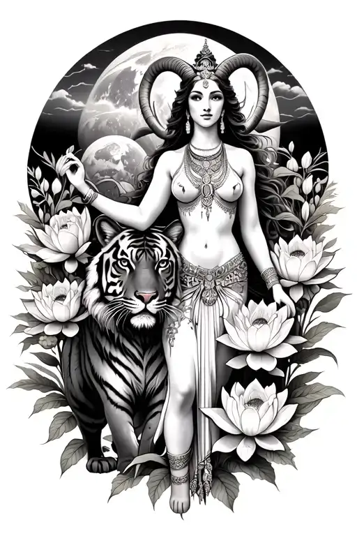 sexy aries goddess surrounded by poeny and lotus flowers growing with a tiger and mars in the background  tattoo design idea