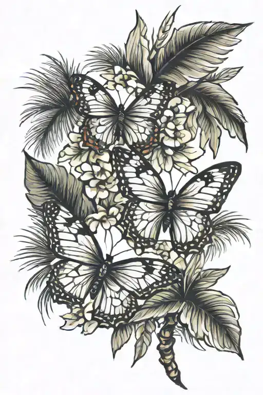 butterflies, palm trees tattoo design idea