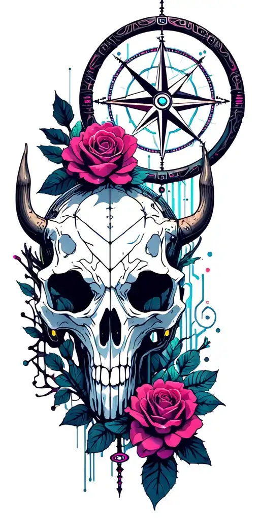Metal, Southwest, Sunset, Cactus, Dead Roses, Compass, Dreamcatcher, Cybernetic Snake, Longhorn skull tattoo design idea
