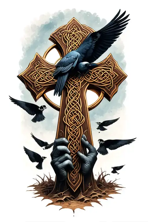 hand out the ground holding a celtic cross with one crow sitting on it and skulls under the cross and souls flying tattoo design idea