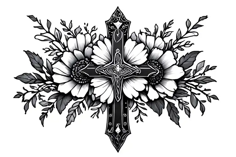 Fine line feminine floral sternum chest tattoo, little bit of cyberpunk influence. christian cross on the sternum tattoo design idea
