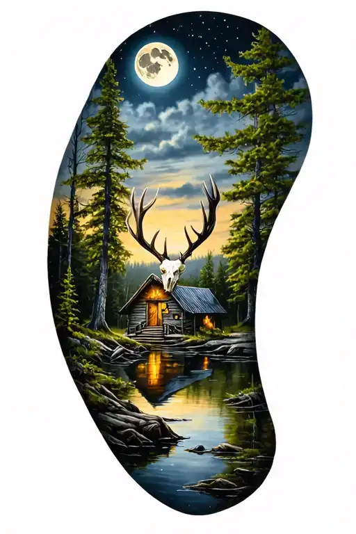 moonlight Forest over a pond and cabin. deer skull tattoo design idea