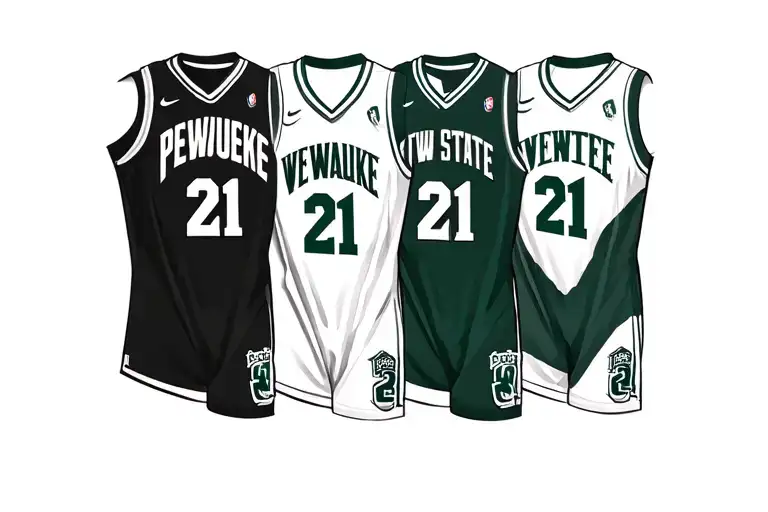 Create a thigh tattoo with four basketball jerseys, all with the number 21 from the 4 teams, Pewaukee, wright state, Vir tattoo design idea