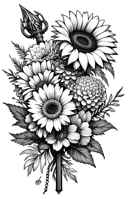 A bouquet of a morningstar mace with no chain, sunflower, gerbera and hydrangea. tattoo design idea