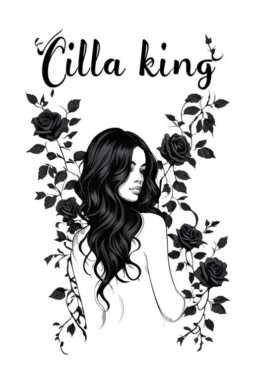 "Cilla king" "Cilla king" text warped around Sinfully woman long black hair with black roses growing tattoo design idea