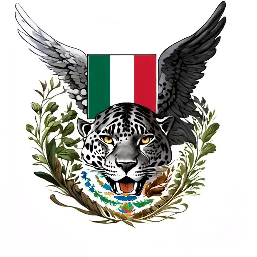 full Neck Piece:Center: Mexico flag on the Adam’s apple, angel old English on right side neck and jaguar  tattoo design idea