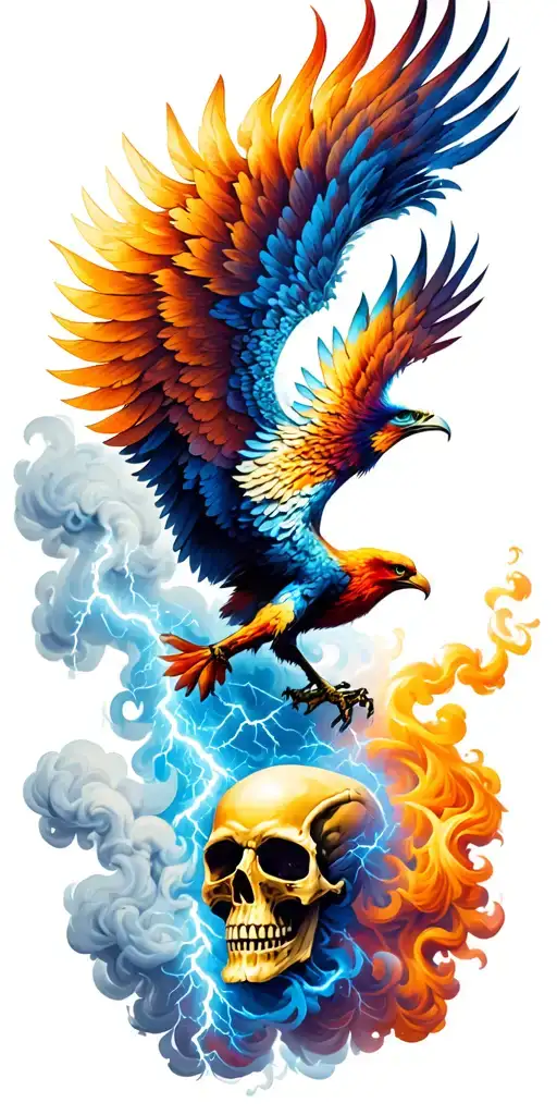 tornado and lightning storm with a phoenix rising Phoenix bird smoke and skulls tattoo design idea