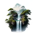 realistic waterfall in a rainforest with multiple levels  tattoo design idea