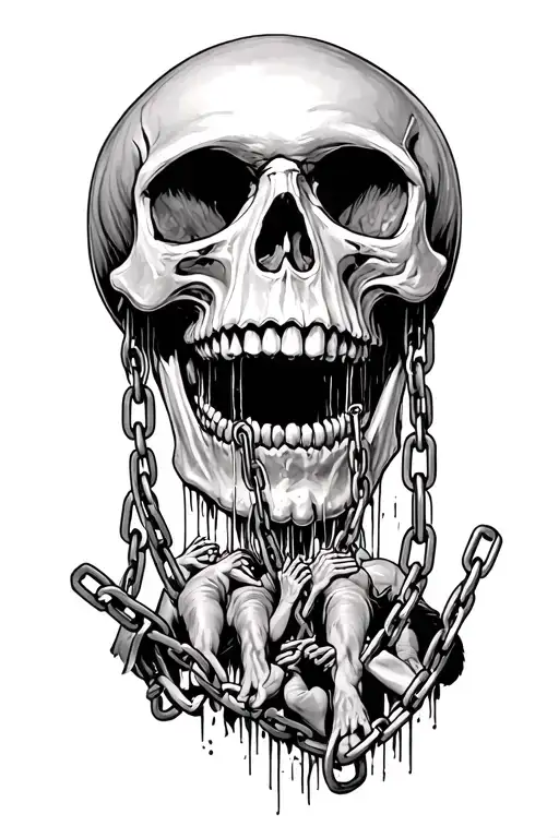 skull facing forward with chains coming out of its mouth, the chains are tied to the ankles of people trying to crawl aw tattoo design idea