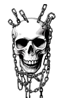 skull facing forward with chains coming out of its mouth, the chains are tied to the ankles of people trying to crawl aw tattoo design idea