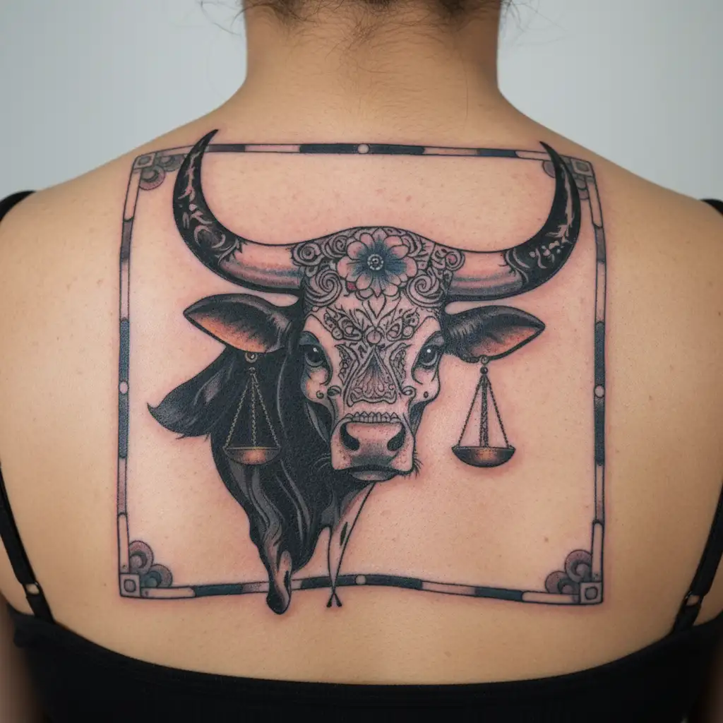 feminine bull with sugar skull markings and 2 Libra scales and dark  background tattoo design idea