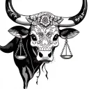 feminine bull with sugar skull markings and 2 Libra scales and dark  background tattoo design idea