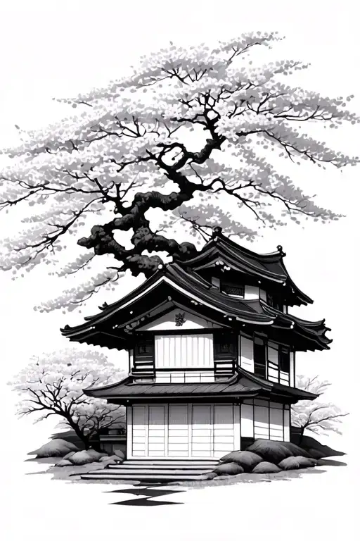 japanese house with chery blossom tree and sakura in background tattoo design idea