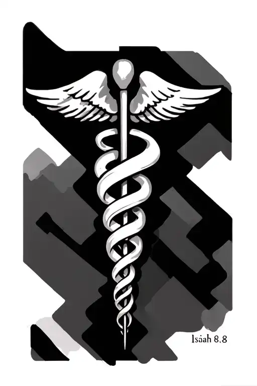 caduceus symbol with Isaiah 6:8 written in the stripes tattoo design idea