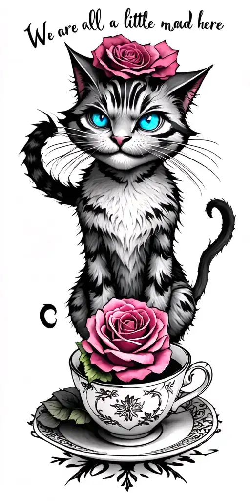 "We are all a little mad here"  evil cheshire cat with blue eyes with tail intertwined with tea cup and rose tattoo design idea