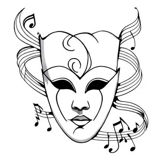 theatrical  harlequin mask surronded with music notes tattoo design idea