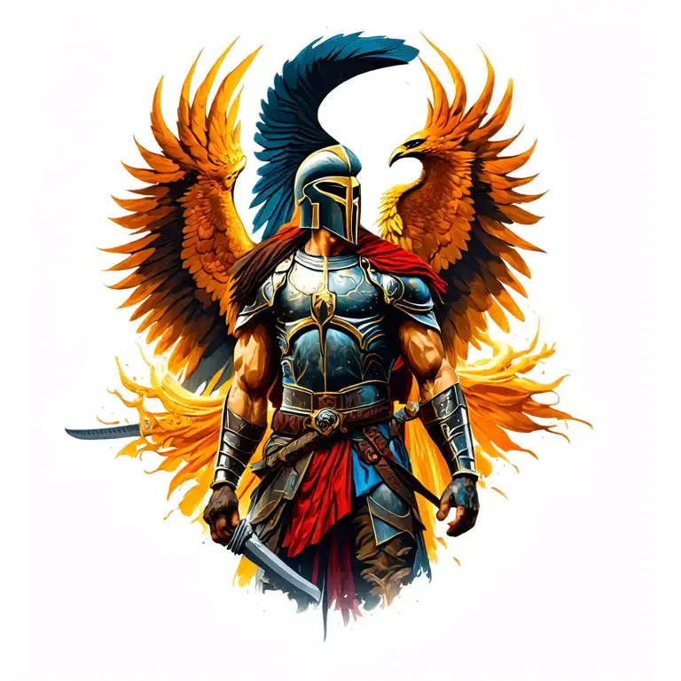 Very realistic Spartan with a phoenix in the background. The tattoo should have a lot of detail and look lifelike. tattoo design idea