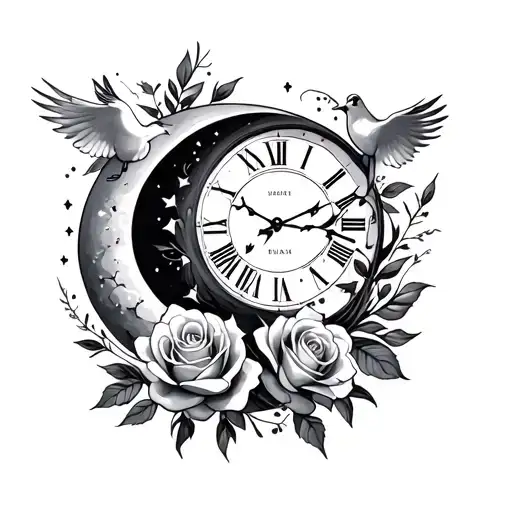 sun and moon, roses, clock, doves flying tattoo design idea