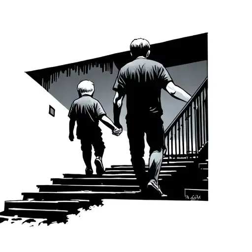 Older brother and younger brother walking away going up stairs holding hands tattoo design idea