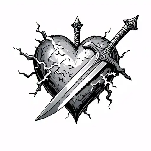 Sword of the spirit protecting A Heart Made Of Stone surrounded by lightning tattoo design idea