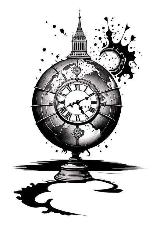 stencil of a globe with Big Ben clock face coming out of the globe tattoo design idea