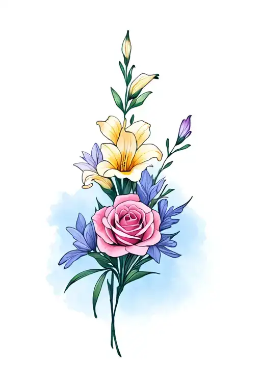 dainty bouquet of gladiolus, sweet pea, rose, daffodil with a little bit of color tattoo design idea