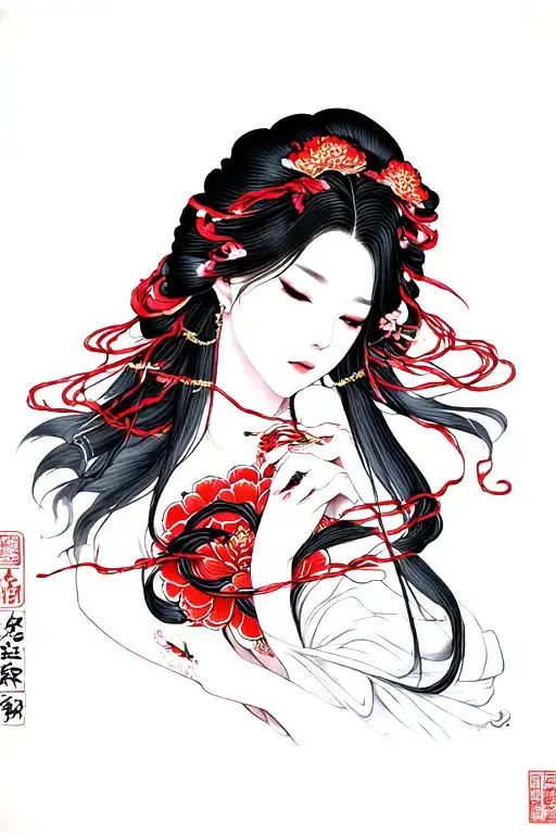 Red String Of Fate norigae tattoo design idea