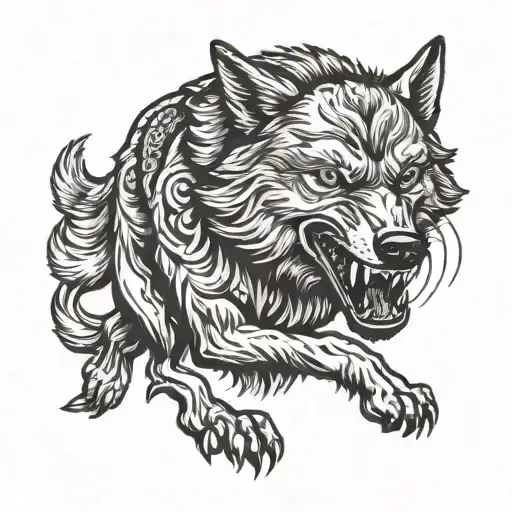 wolf, black, kniff in mouth, running, full length tattoo design idea