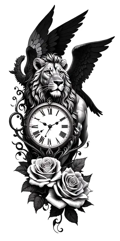 clock, lion, angel, rose intertwined tattoo design idea