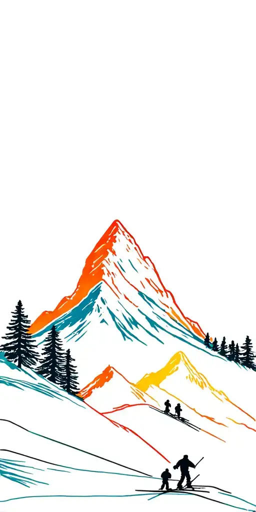 Mont Blanc and trees colors sunset and skiers tattoo design idea