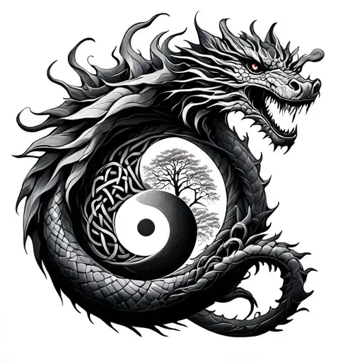 dragon wrapped around yin yang symbol with Celtic infinity knot and tree of life  tattoo design idea