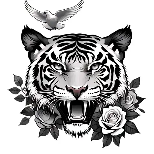 roaring tiger face crusafix over eye with heaven dove and roses in background  tattoo design idea