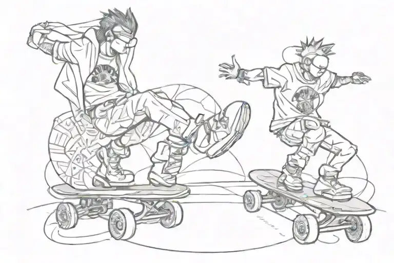 Punk rock lyrics intertwined with skateboarding tricks tattoo design idea