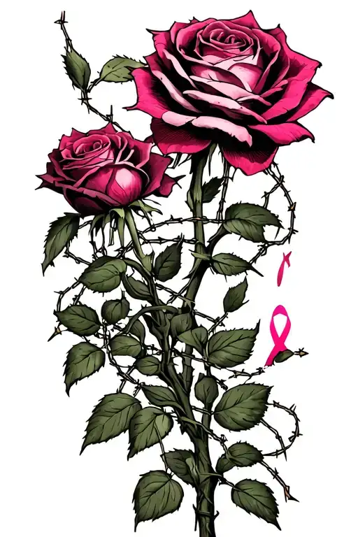 dead roses, barbed wire wrapped, and breast cancer awarness tattoo design idea