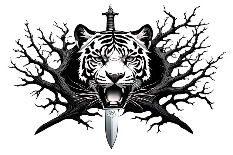 full tiger face with sword from within its branches tattoo design idea