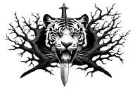 full tiger face with sword from within its branches tattoo design idea