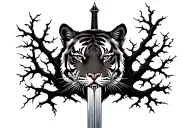 full tiger face with sword from within its branches tattoo design idea