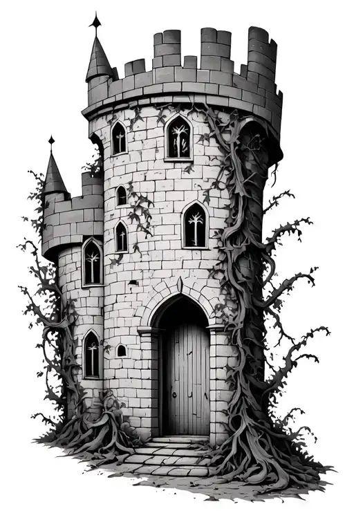 abandoned castle wall sleeve with windows and a door near the wrist. lots of vines hoeing up the walls  tattoo design idea
