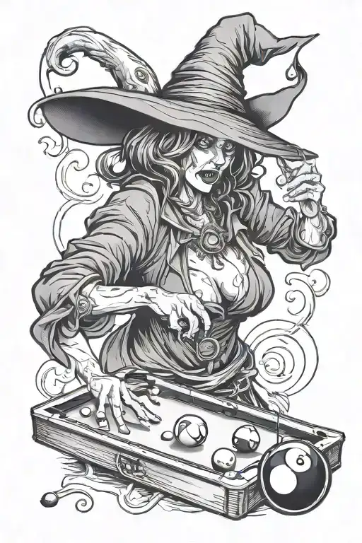 witch playing pool 8 ball tattoo design idea