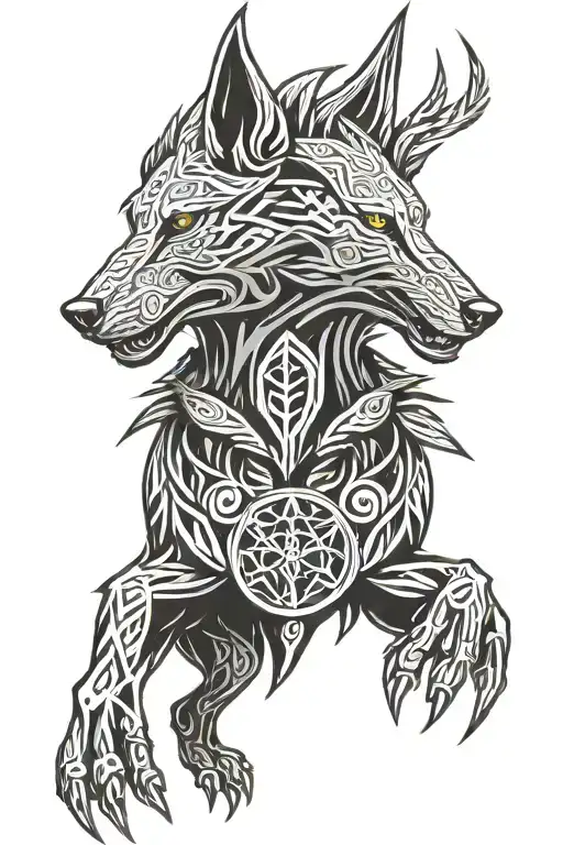 angry fenrir with runes wrapping, nordic skoll and hati tattoo design idea