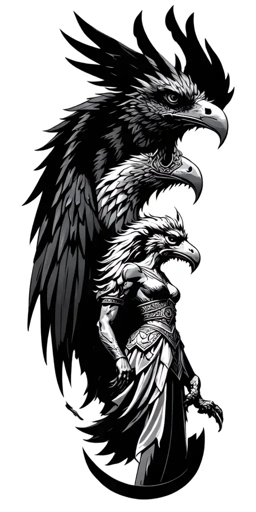 griffin with Norse symbol and above a Valkyrie  tattoo design idea