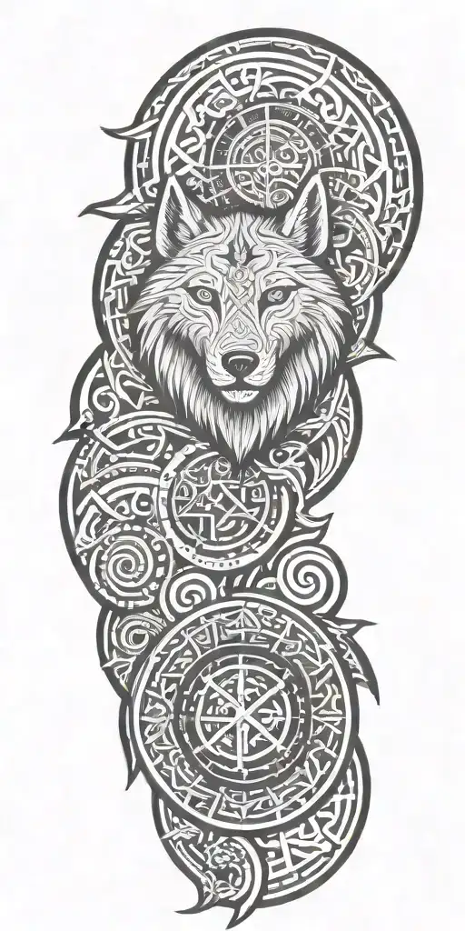 viking runes, ornaments, odins wolfs, gods tattoo design idea