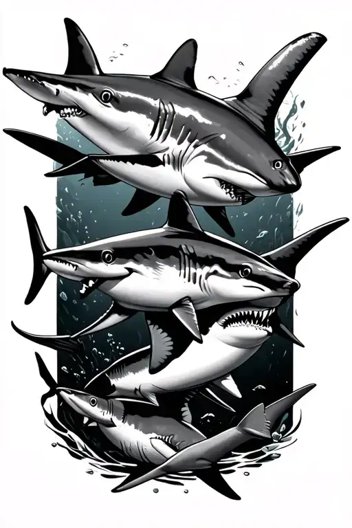 group of sharks swimming. hammerhead, California&austrailian leopard shark, , thresher shark and Caribbean reef shark  tattoo design idea