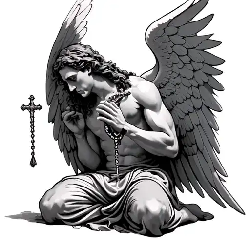 archangel selaphiel, on his knees praying while holding a rosary with cross hanging from his hands. wings from his sides tattoo design idea
