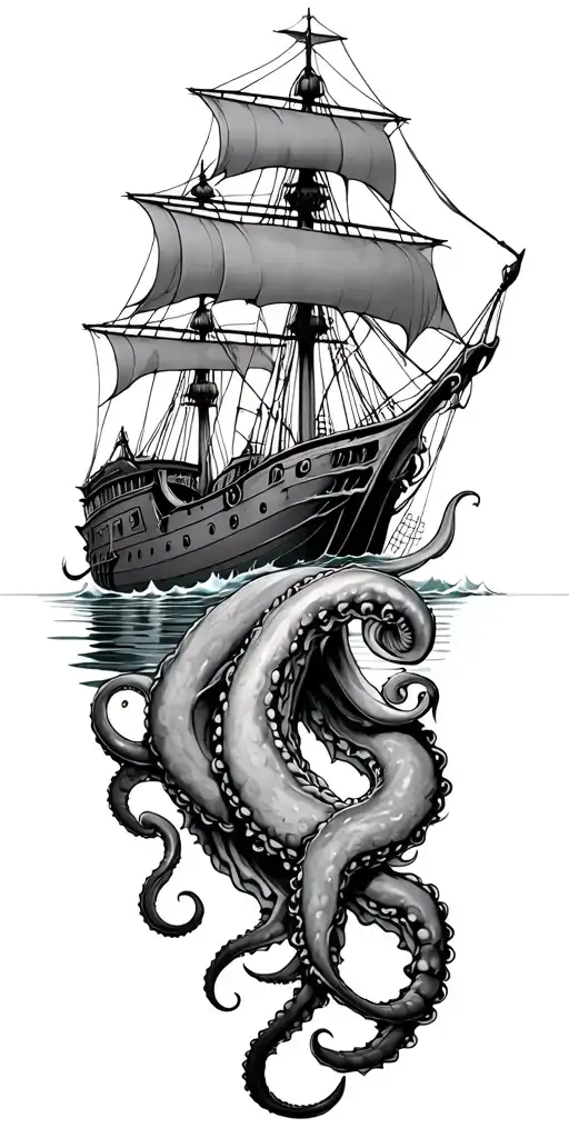 ship and kraken emerging from the depths tattoo design idea
