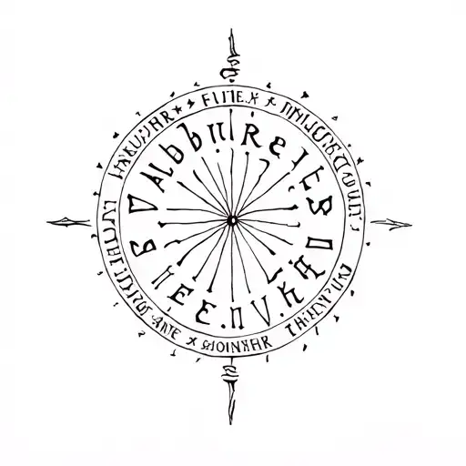 classic vegvisir with younger futhark writing in a continuous circle around it that says Aubrey • Eleanor • tattoo design idea