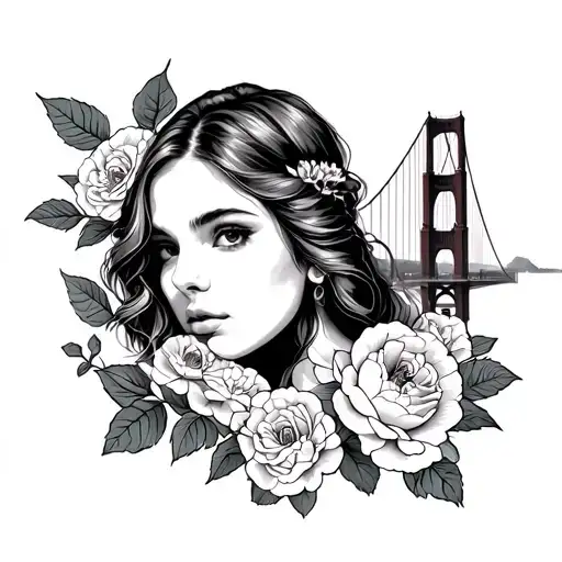 floral tattoo featuring peonies and roses with the Golden Gate Bridge with the top of a girls face coming out from it tattoo design idea