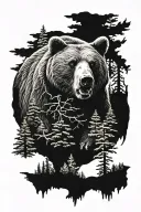grisly bear surrounded by forest scene tattoo design idea